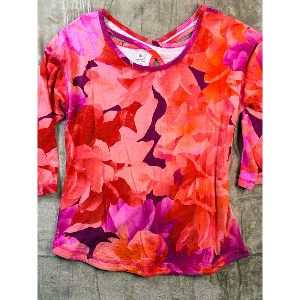 T by Talbots Womens Pink Orange Floral Crisscross Back 3/4 Sleeve Active Top L
